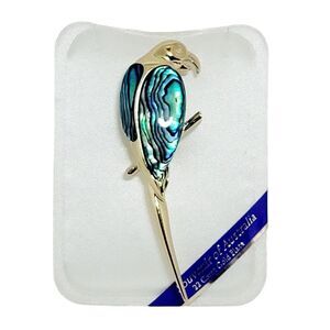 Australian Paua Shell Blue Abalone 22K Gold Plated Parrot Bird Brooch Pin